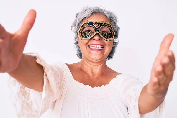 Senior Hispanic Grey Haired Woman Wearing Venetian Carnival Mask Looking — Stock Photo, Image