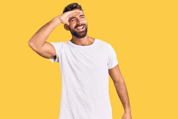 Young Hispanic Man Wearing Casual White Tshirt Very Happy Smiling — Stock Photo, Image