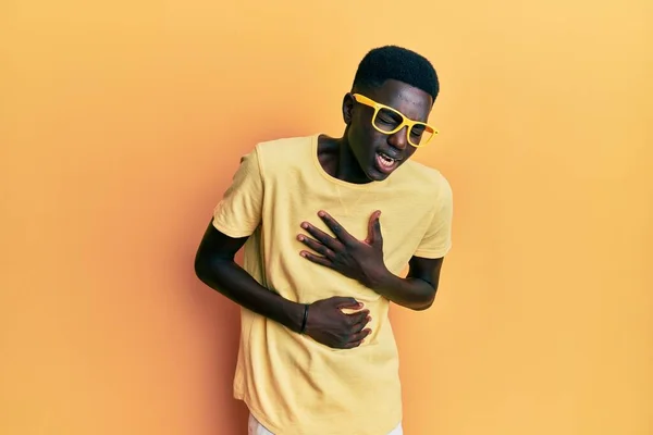 Young African American Man Wearing Casual Clothes Glasses Hand Stomach — Stock Photo, Image