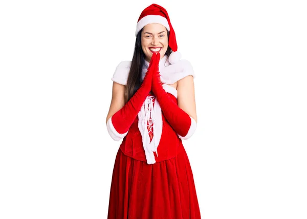 Joven Hermosa Mujer Caucásica Vistiendo Traje Santa Claus Rezando Con —  Fotos de Stock