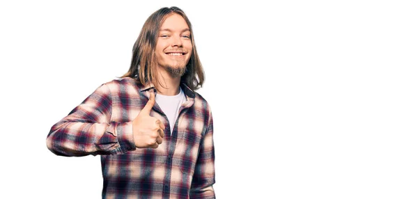 Handsome Caucasian Man Long Hair Wearing Hipster Shirt Doing Happy — Stock Photo, Image