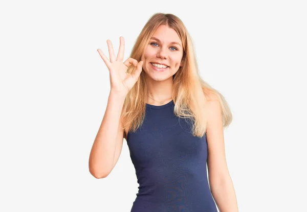 Jonge Mooie Blonde Vrouw Draagt Casual Jurk Lachend Positief Doen — Stockfoto