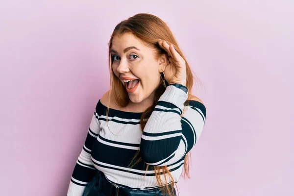 Young Beautiful Redhead Woman Wearing Striped Sweater Pink Background Smiling — Stock Photo, Image
