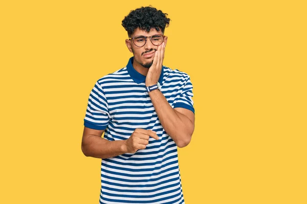 Young Arab Man Wearing Casual Clothes Glasses Touching Mouth Hand — Stock Photo, Image