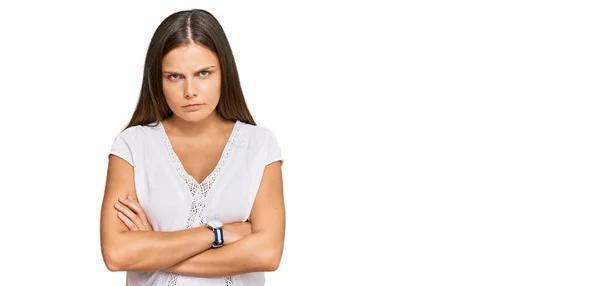 Mujer Caucásica Joven Que Viste Ropa Casual Escéptica Nerviosa Desaprobando — Foto de Stock