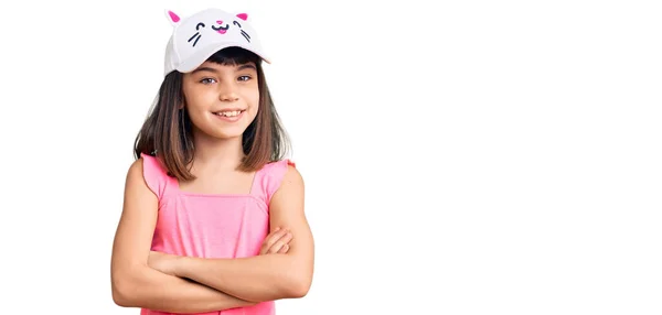 Gadis Kecil Dengan Bang Mengenakan Topi Kucing Lucu Wajah Bahagia — Stok Foto