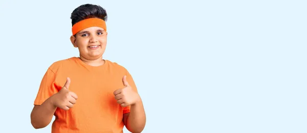 Little Boy Kid Wearing Sportswear Success Sign Doing Positive Gesture — Stock Photo, Image