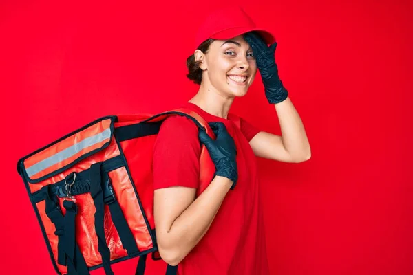 Young Hispanic Woman Holding Take Away Backpack Stressed Frustrated Hand — Stock Photo, Image