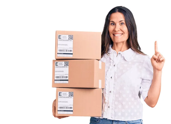 Young Beautiful Brunette Woman Holding Delivery Cardboard Package Surprised Idea — Stock Photo, Image