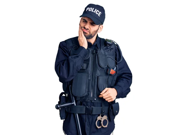 Jonge Knappe Man Met Baard Politie Uniform Die Mond Met — Stockfoto