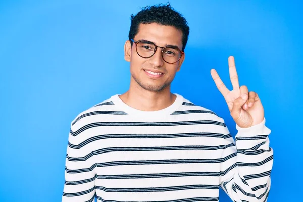 Young Handsome Hispanic Man Wearing Casual Sweater Glasses Smiling Happy — Stock Photo, Image