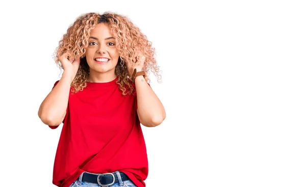 Young Blonde Woman Curly Hair Wearing Casual Red Tshirt Smiling — Stock Photo, Image