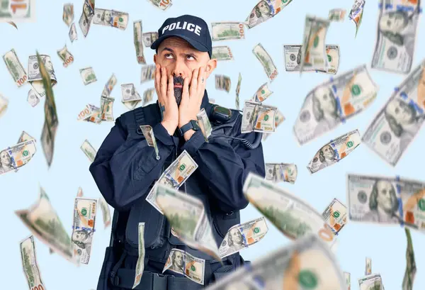 Young Handsome Man Wearing Police Uniform Tired Hands Covering Face — Stock Photo, Image