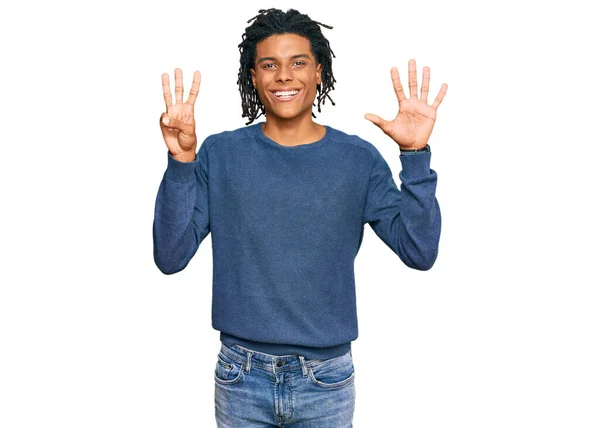 Young African American Man Wearing Casual Winter Sweater Showing Pointing — Stock Photo, Image