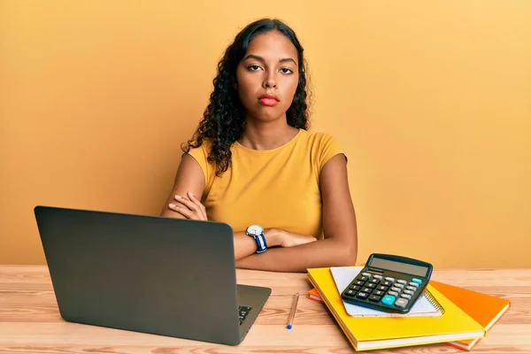 Young African American Girl Working Office Laptop Calculator Looking Sleepy — Stock Photo, Image