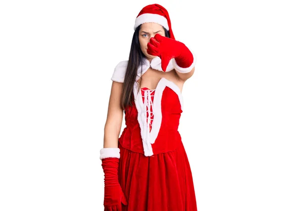 Joven Hermosa Mujer Caucásica Vistiendo Traje Santa Claus Buscando Infeliz —  Fotos de Stock