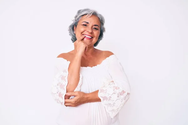 Senior Hispanic Grey Haired Woman Wearing Casual Clothes Looking Confident — Stock Photo, Image