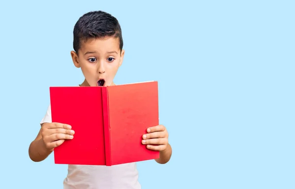 Petit Garçon Mignon Lisant Livre Effrayé Étonné Avec Bouche Ouverte — Photo