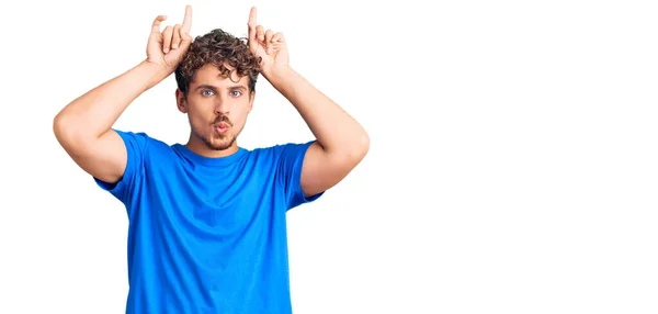 Young Handsome Man Curly Hair Wearing Casual Clothes Doing Funny — Stock Photo, Image