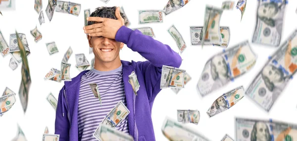 Young Handsome Man Wearing Casual Purple Sweatshirt Smiling Laughing Hand — Stock Photo, Image