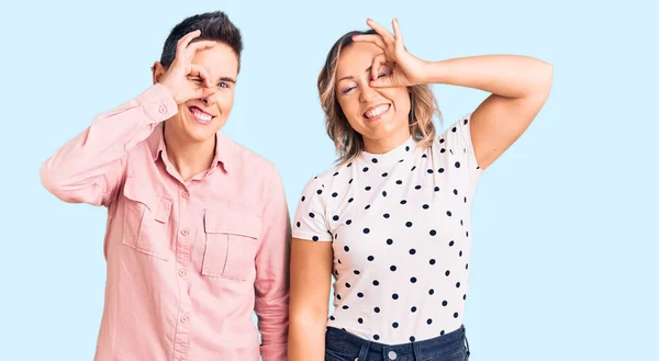 Couple Women Wearing Casual Clothes Smiling Happy Doing Sign Hand — Stock Photo, Image