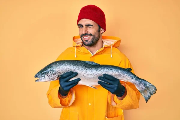 Handsome Hispanic Man Beard Wearing Fisherman Equipment Winking Looking Camera — Stock Photo, Image