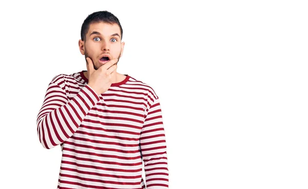 Young Handsome Man Wearing Striped Sweater Looking Fascinated Disbelief Surprise — Stock Photo, Image