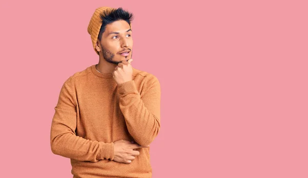 Handsome Latin American Young Man Wearing Winter Sweater Wool Hat — Stock Photo, Image