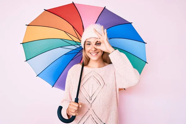 Young Brunette Woman Colorful Umbrella Smiling Happy Doing Sign Hand — Stock Photo, Image