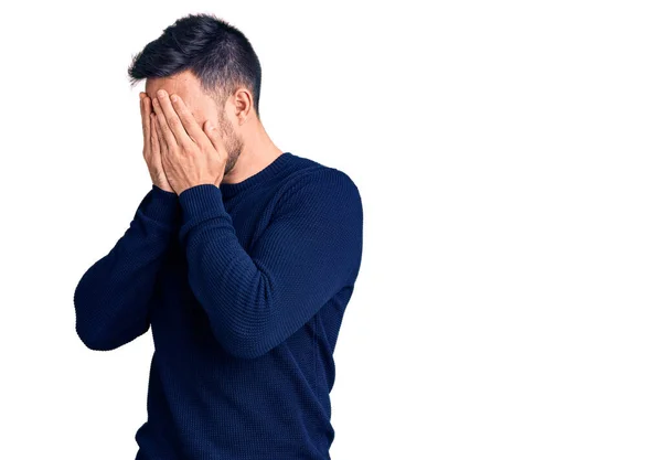 Young Handsome Man Wearing Casual Clothes Sad Expression Covering Face — Stock Photo, Image