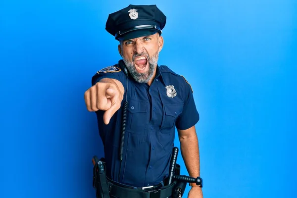 Pohledný Muž Středního Věku Policejní Uniformě Ukazuje Nespokojeně Frustrovaně Kameru — Stock fotografie