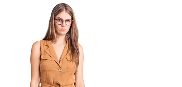 Young Beautiful Blonde Woman Wearing Casual Clothes Glasses Skeptic Nervous — Stock Photo, Image