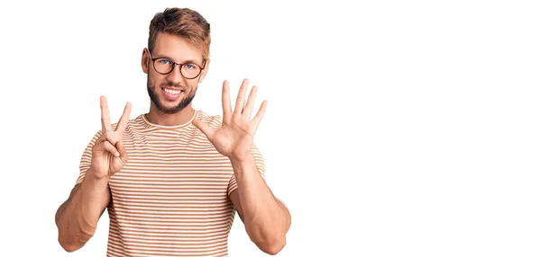 Young Caucasian Man Wearing Casual Clothes Glasses Showing Pointing Fingers — Stock Photo, Image