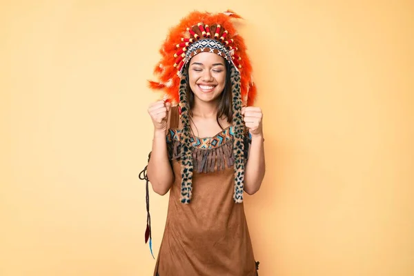 Young Beautiful Latin Girl Wearing Indian Costume Excited Success Arms — Stock Photo, Image