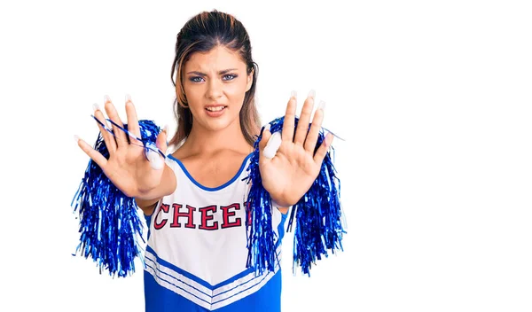 Young Beautiful Woman Wearing Cheerleader Uniform Doing Stop Gesture Hands — Stock Photo, Image