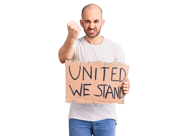 Young Handsome Man Holding United Stand Banner Annoyed Frustrated Shouting — Stock Photo, Image