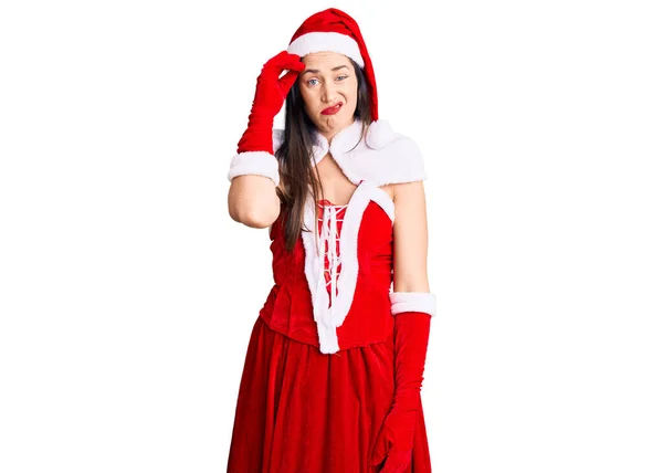 Jonge Mooie Blanke Vrouw Draagt Kerstman Kostuum Bezorgd Gestrest Een — Stockfoto