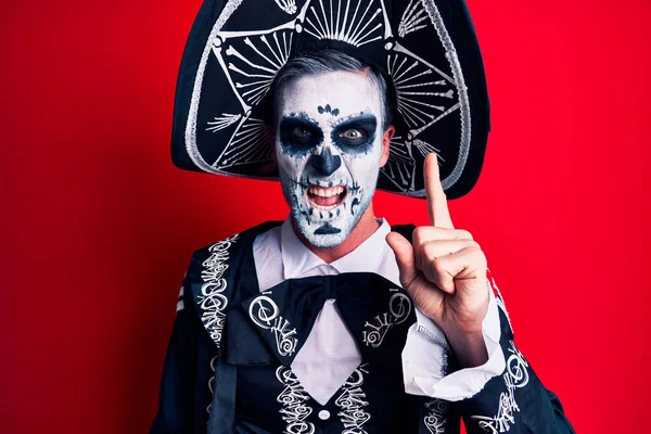 Young Man Wearing Mexican Day Dead Costume Red Pointing Finger — Stock Photo, Image