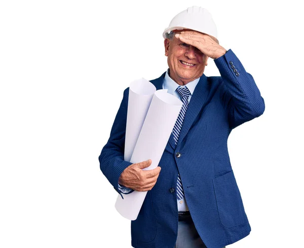 Senior Handsome Grey Haired Man Wearing Architect Hardhat Holding Blueprints — Stock Photo, Image