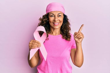 Orta yaşlı İspanyol kadın elinde pembe kanser kurdelesi, gülümsüyor. 