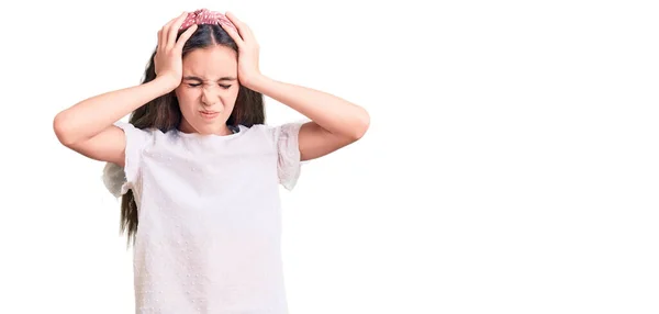 Cute Hispanic Child Girl Wearing Casual White Tshirt Suffering Headache — Stock Photo, Image