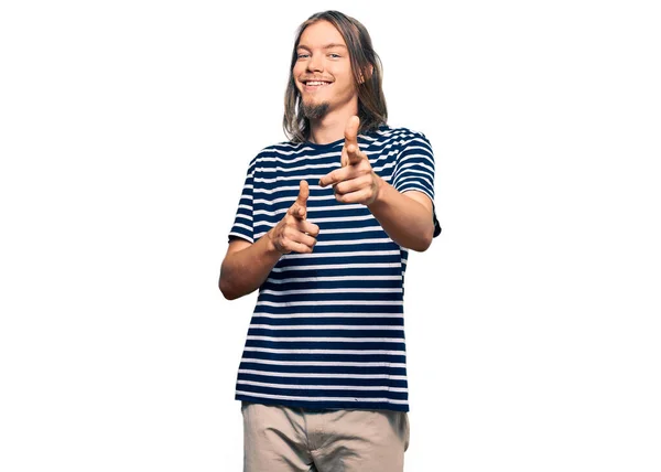 Handsome Caucasian Man Long Hair Wearing Casual Striped Shirt Pointing — Stock Photo, Image
