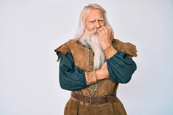 Idős Ősz Hajú Hosszú Szakállú Viking Tradicionális Jelmezt Viselő Öregember — Stock Fotó