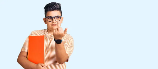 Little Boy Kid Holding Book Wearing Glasses Showing Middle Finger —  Fotos de Stock