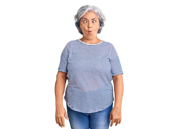 Senior Woman Gray Hair Wearing Casual Striped Clothes Making Fish — Stock Photo, Image