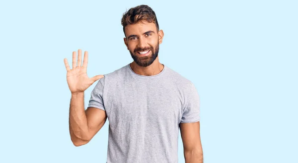 Young Hispanic Man Wearing Casual Clothes Showing Pointing Fingers Number — Stock Photo, Image