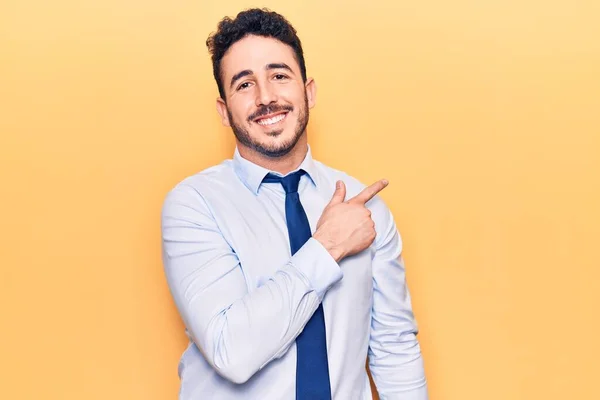 Young Hispanic Man Wearing Business Clothes Smiling Cheerful Pointing Hand — Stock Photo, Image