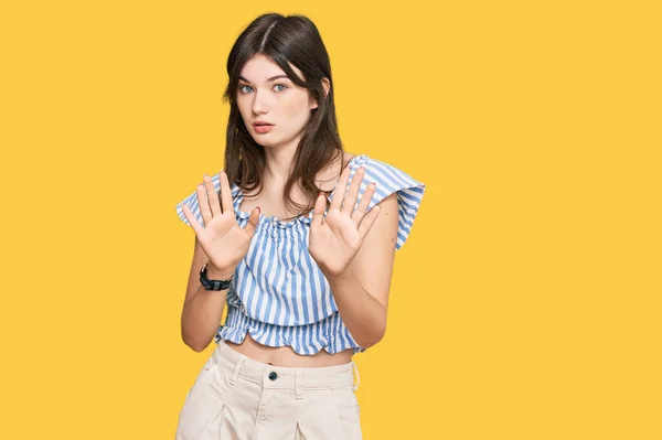 Young Beautiful Caucasian Girl Wearing Casual Clothes Moving Away Hands — Stock Photo, Image