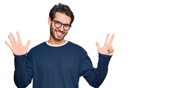 Young Hispanic Man Wearing Casual Clothes Glasses Showing Pointing Fingers — Stock Photo, Image