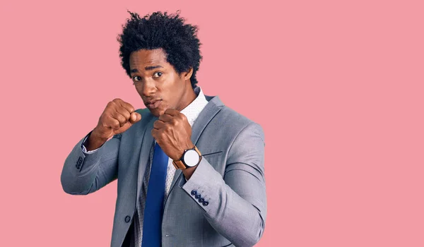 Handsome African American Man Afro Hair Wearing Business Jacket Punching — Stock Photo, Image